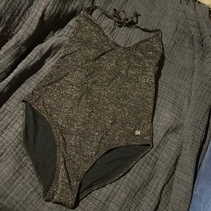 French Connection FCUK Gold glittery one-piece; sexy low back halter